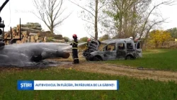 Autovehicul în flăcări, în pădurea de la Gâdinți