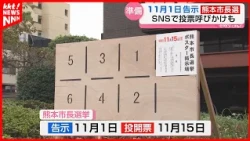 With one month to go until the Kumamoto mayoral election, poster boards are being set up. Campaig...