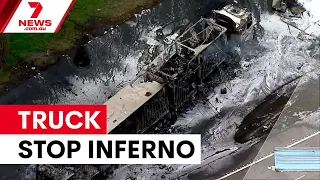 Miracle escape as six trucks destroyed in Hume Highway inferno | 7NEWS
