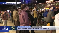 Brewers fans cheer on the team through World Series Game 2 at Deer District watch party
