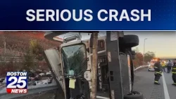 Trash truck overturns on I-95 in Peabody, blocking lanes and spilling debris