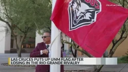 Lobos flag flies outside Las Cruces City Hall following Rio Grande Rivalry win