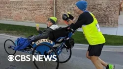 Couple teams up for their fifth marathon together: Him on foot, her on duo bike