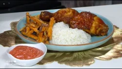 Filipino-style fried chicken with fried sweet potato and banana ketchup | Ají