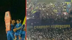 Rosario Central players celebrate with a coffin bearing Juan Sebastián Verón's image